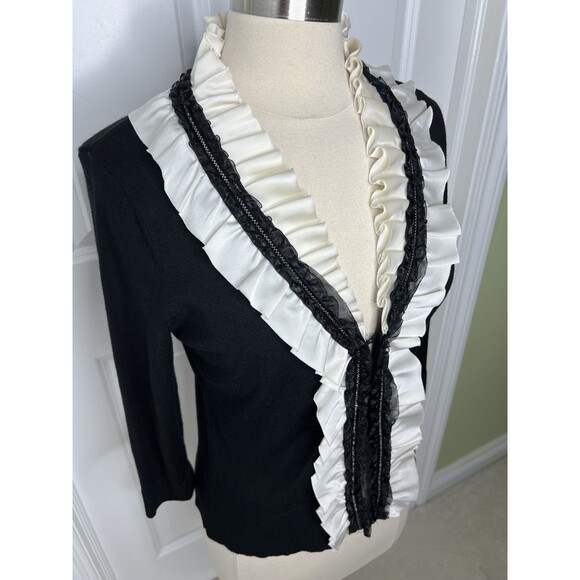 WHBM Knit Cardigan Sweater Statement Piece Ruffle Romantic Sz M Academia Career - Picture 2 of 12